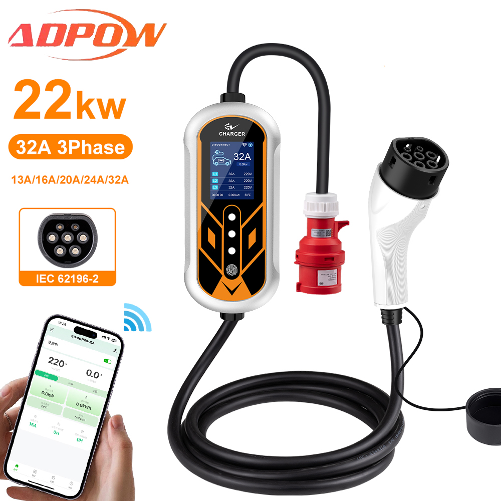 ADPOW Портативные 32A Type2 За – обзор и цена Ev Charger Type 2 22Kw 32A 3 Phase